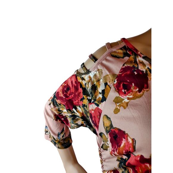 MINETTE Women's Midi Floral Dress 1X Polyester Spandex Mauve Red Cut-Out - Picture 5 of 7